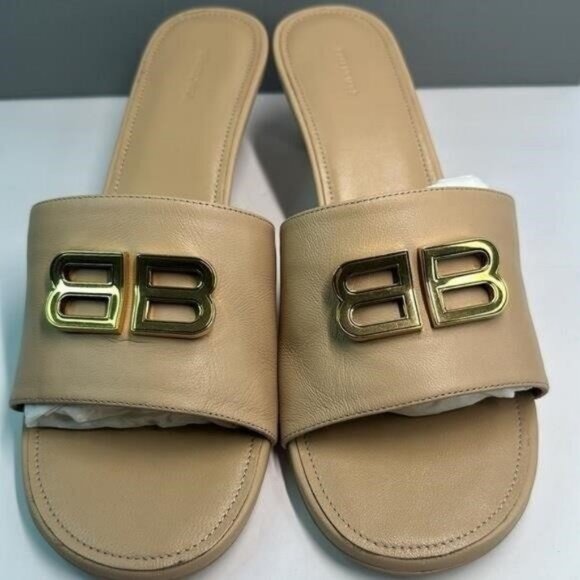 New Authentic- BALENCIAGA Groupie BB Logo Slide Sandal - Seashell/ Gold Size395 - Picture 4 of 14